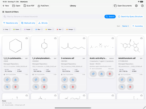 AtomLens 3.1 iPad Library showing bundled public molecule and reaction examples, chemical properties, filters, and local-storage status.