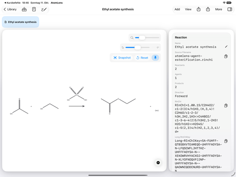 AtomLens 3.1 iPad displaying ethyl acetate synthesis with the sulfuric acid agent, reaction participants, source filename, and RInChI.