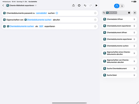 Shortcuts on iPadOS 27 showing AtomLens 3.1 find, batch property, and batch export actions in the German interface.