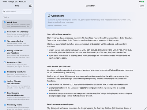 AtomLens 3.0 native iPad Help viewer displaying the Quick Start guide and a searchable topic sidebar.