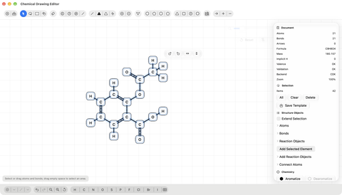 AtomLens 3.0 Mac Chemical Drawing Editor with a complete aspirin drawing, chemical tools, and validation details.