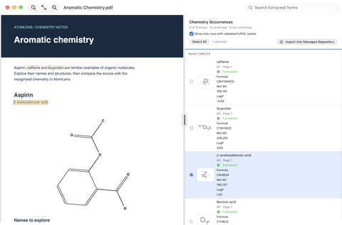 AtomLens 3.0 Mac PDF scan showing highlighted chemical names and confirmed structures beside the Aromatic Chemistry source document.