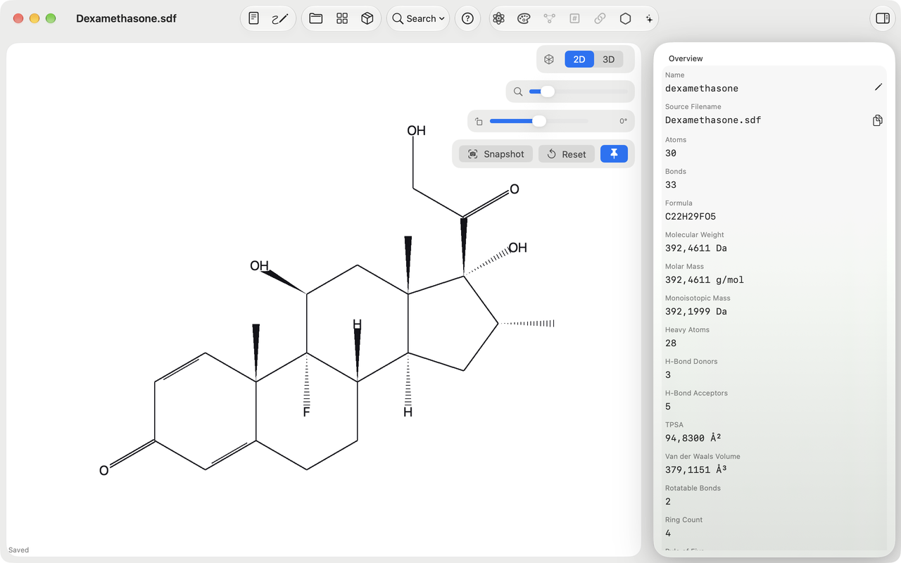 AtomLens 3.0 on Mac showing Dexamethasone in 2D with its native toolbar, view controls, and molecular overview.