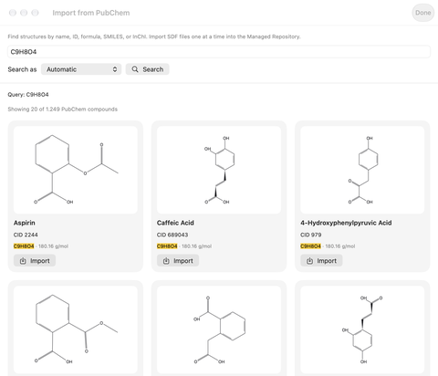 AtomLens 3.0 Mac PubChem formula search for C9H8O4, showing aspirin and other matching compounds with individual import controls.